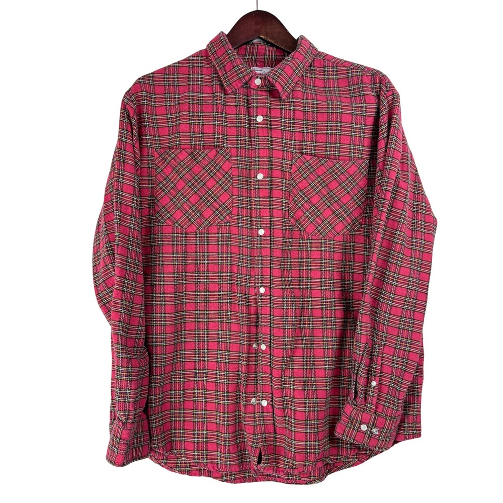 Vintage Haband Casual Joe Flannel L Red Plaid Snap Button Lumberjack Grunge
